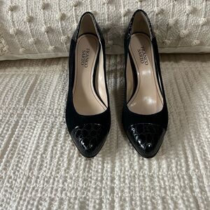 Franco Sarto Black Pointed-Toe Patent Cap Toe Pumps